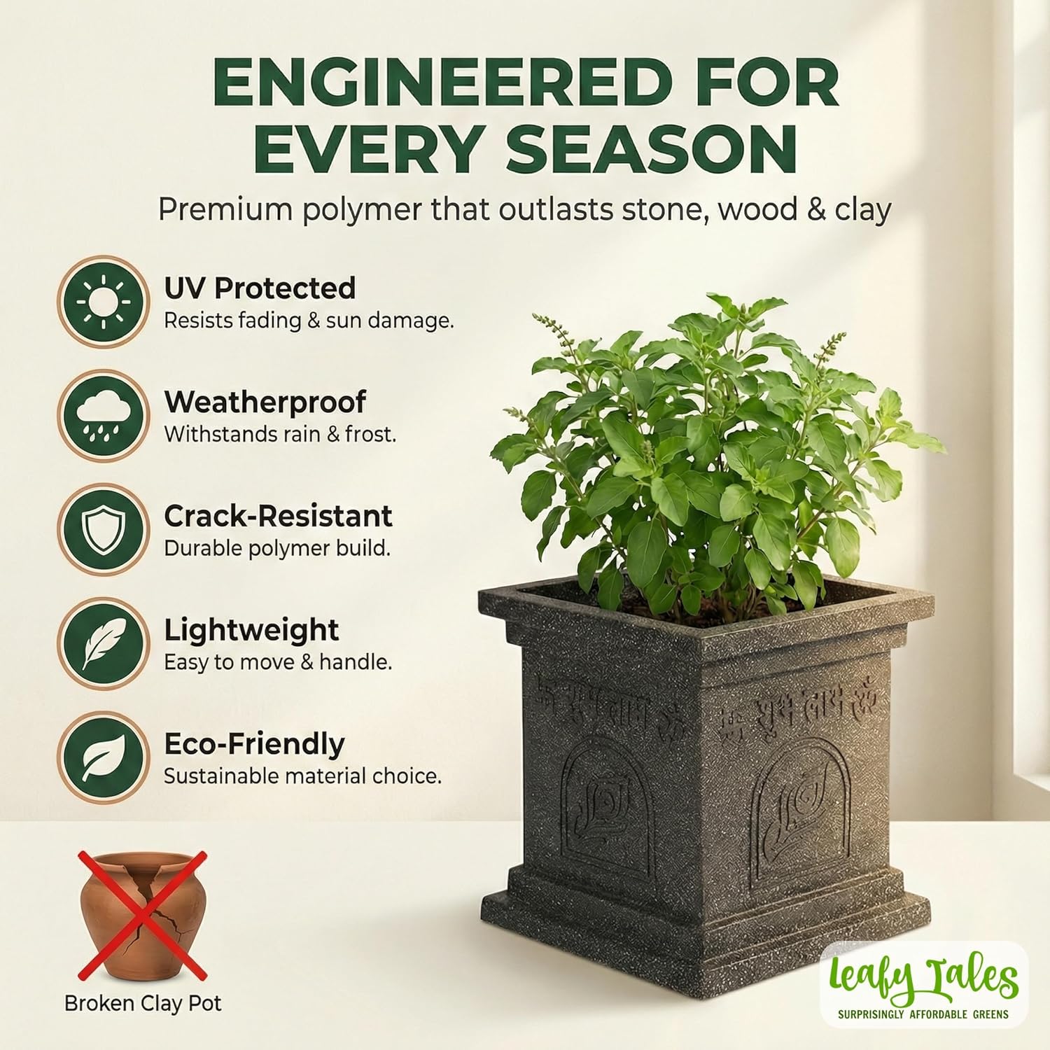 Leafy Tales Modern Greek Tulsi Pot/Planter for Home Décor 12 INCH, Highly Durable,Lightweight Indoor Outdoor Planter, Flower Pot Gamla,Tree Planter