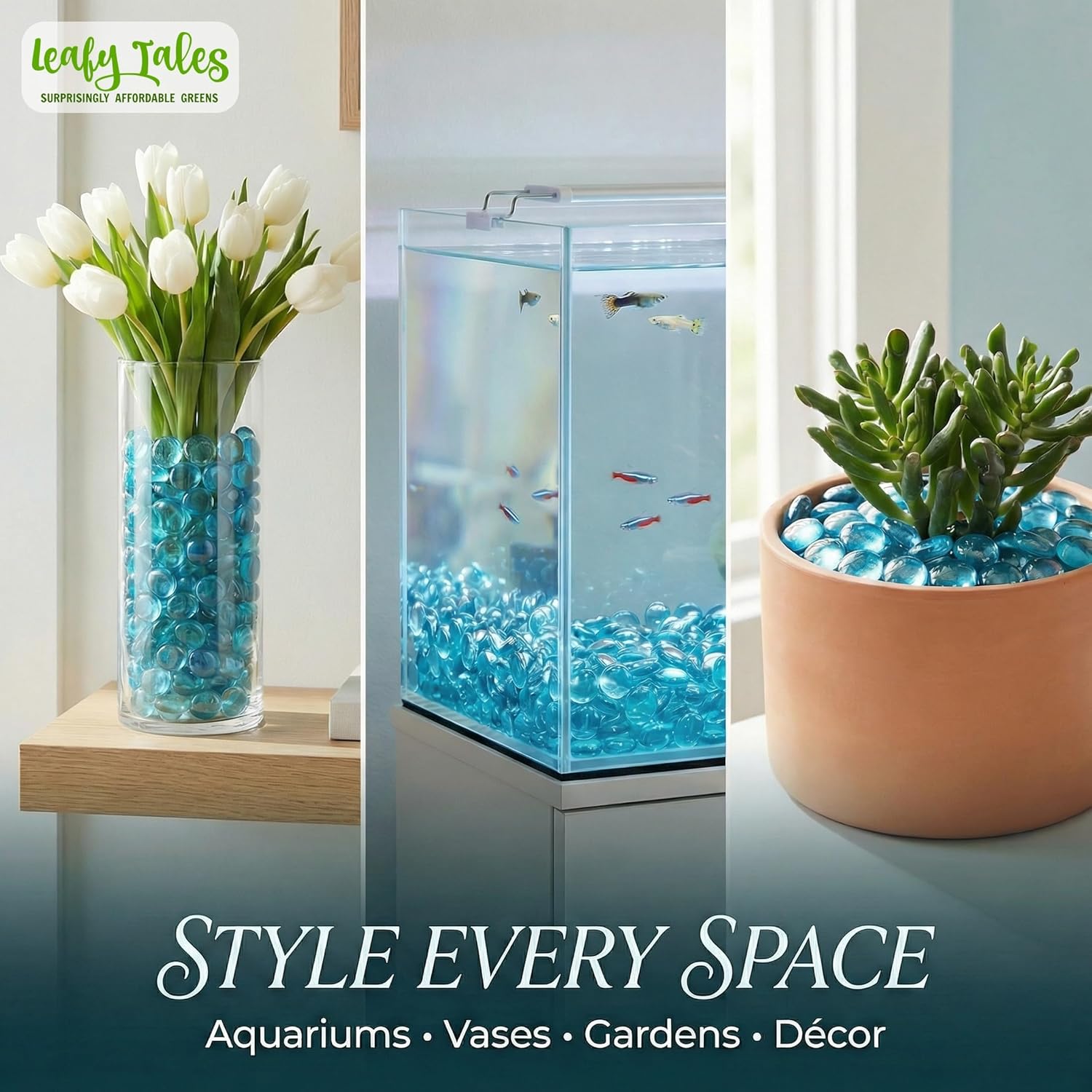 Leafy Tales Glass Pebbles Ocean Blue Color for Home and Garden Decoration, Art and Craft, Aquarium Vase Filler (500 GMS)