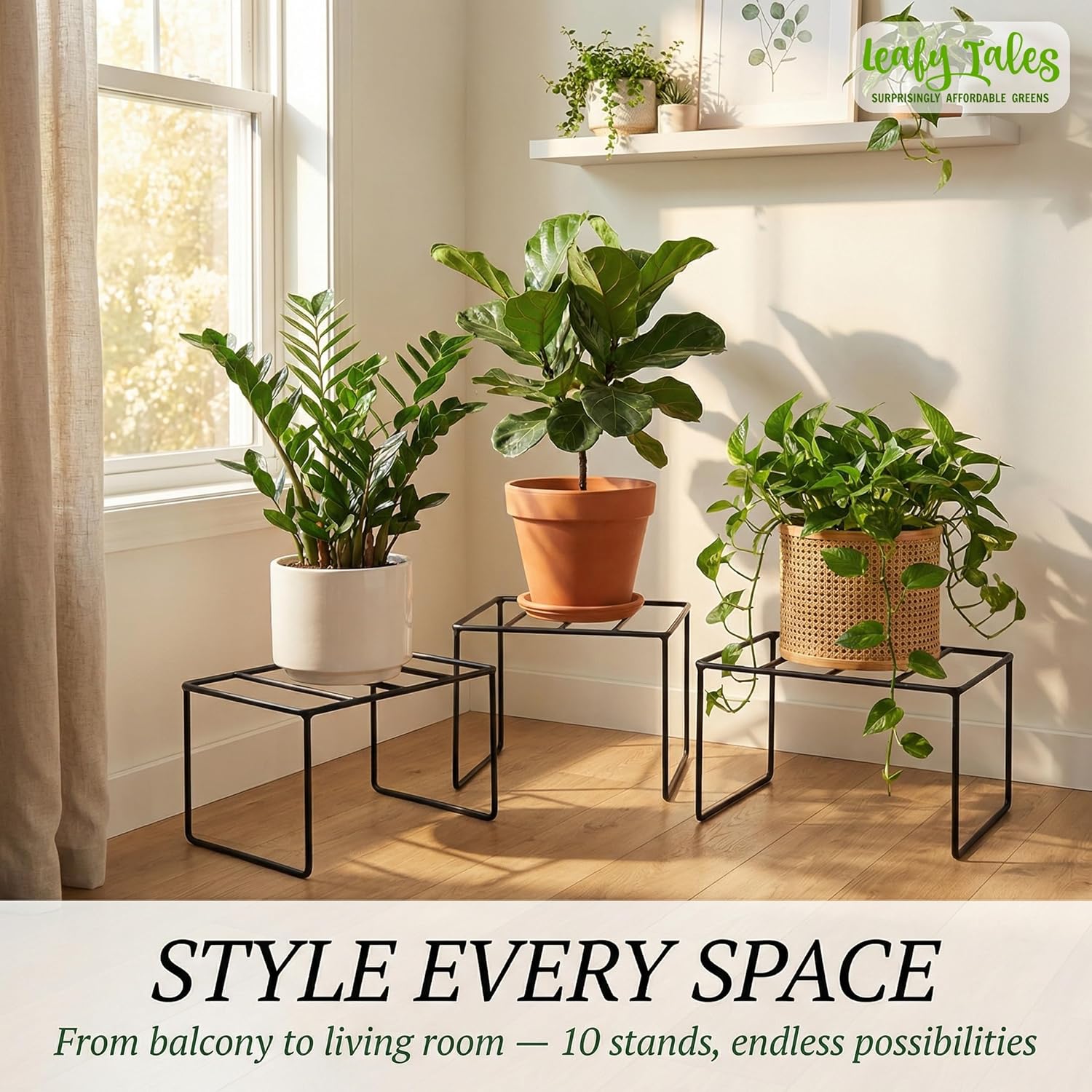 Leafy Tales Set of 10 – Square Metal/Iron Plant Stand for Indoor/Outdoor Flower Pot for Home, Garden, Balcony, Living Room Decor