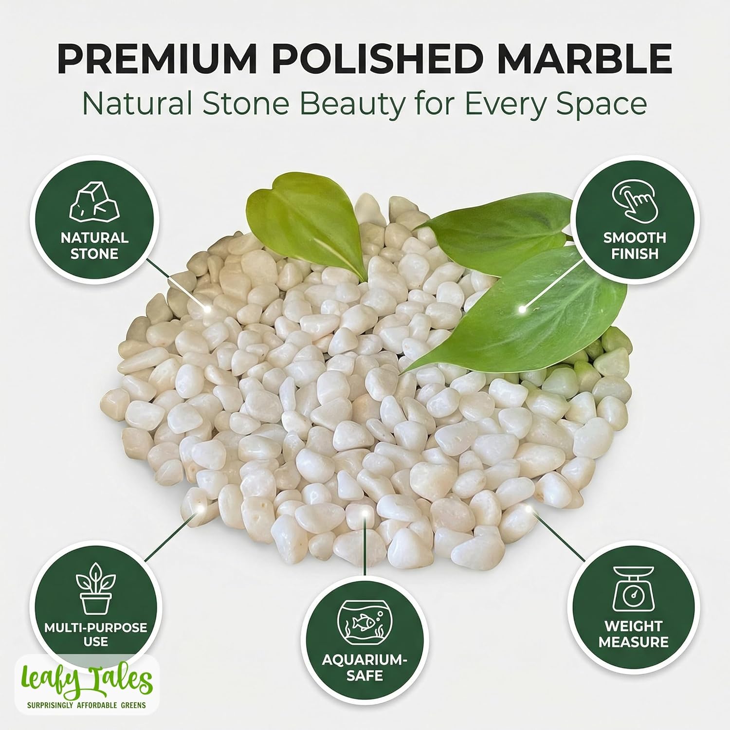 Leafy Tales White Polished Marble Stone Pebbles for Home & Garden Decoration|Plants & Pots|Art & Craft|Aquarium Vase Filler | White Polish 500 GMS