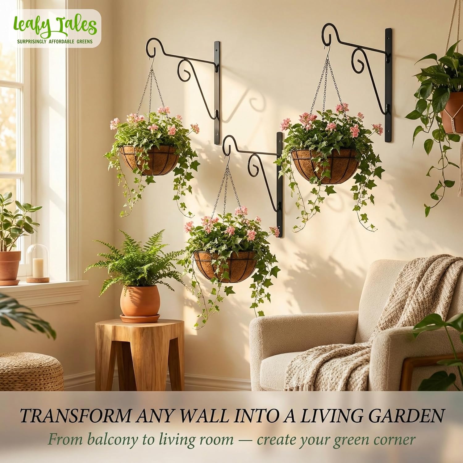 Leafy Tales 2-Pack Metal Hanging Plant Hooks - Decorative Wall Mount Brackets for Hanging Planters & Pots | Durable Rust-Resistant Iron Holders for Balcony, Fence & Garden Wall Decor