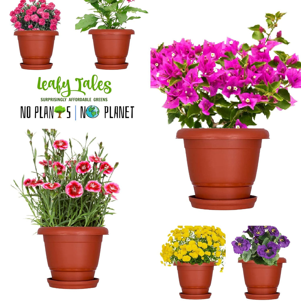 Leafy Tales 6-inch Plastic Flower Pots with 4-inch Dripping Trays (Pack of 5 Sets) - Terracotta Colour Garden Gamla for Home & Outdoor Balcony - Durable Indoor/Outdoor Planters with Drainage Saucers