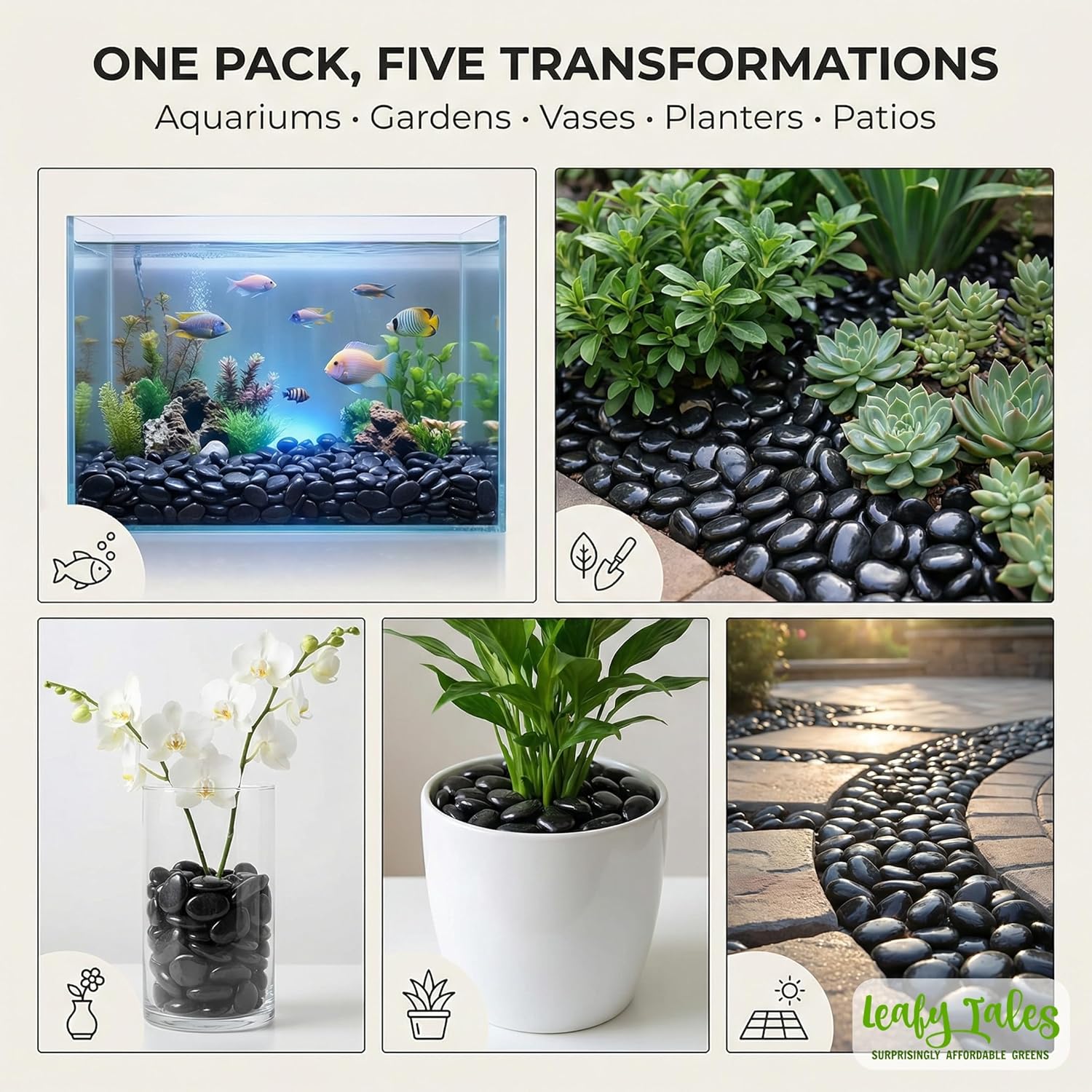 Leafy Tales Black Polish Marble Stone Pebbles for Home & Garden Decoration| Black Polish 5 Kg