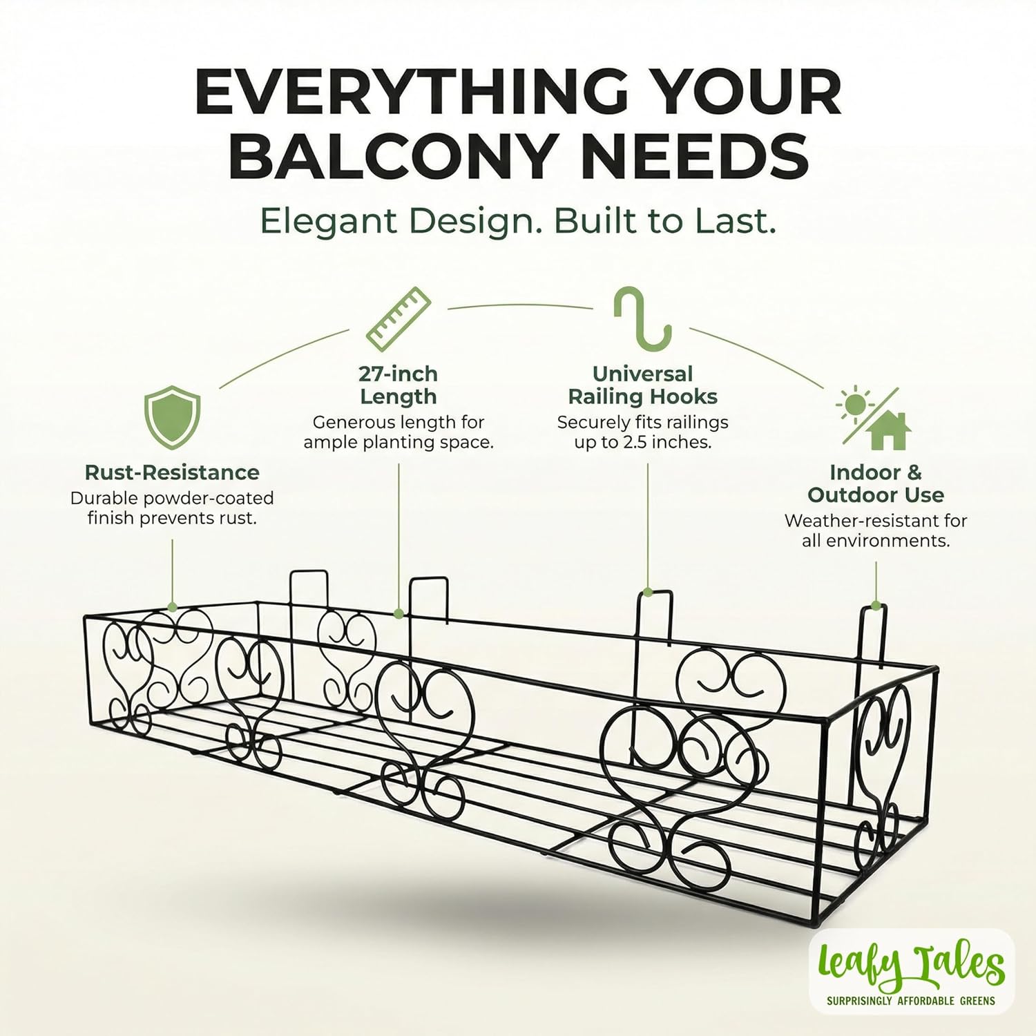 Leafy Tales Metal Long Rectangular Shape Railings Pot Holder |Pot Holder Basket for Plants in Balcony Railings Gamla Stand for Indoor and Outdoor (Set of 1)