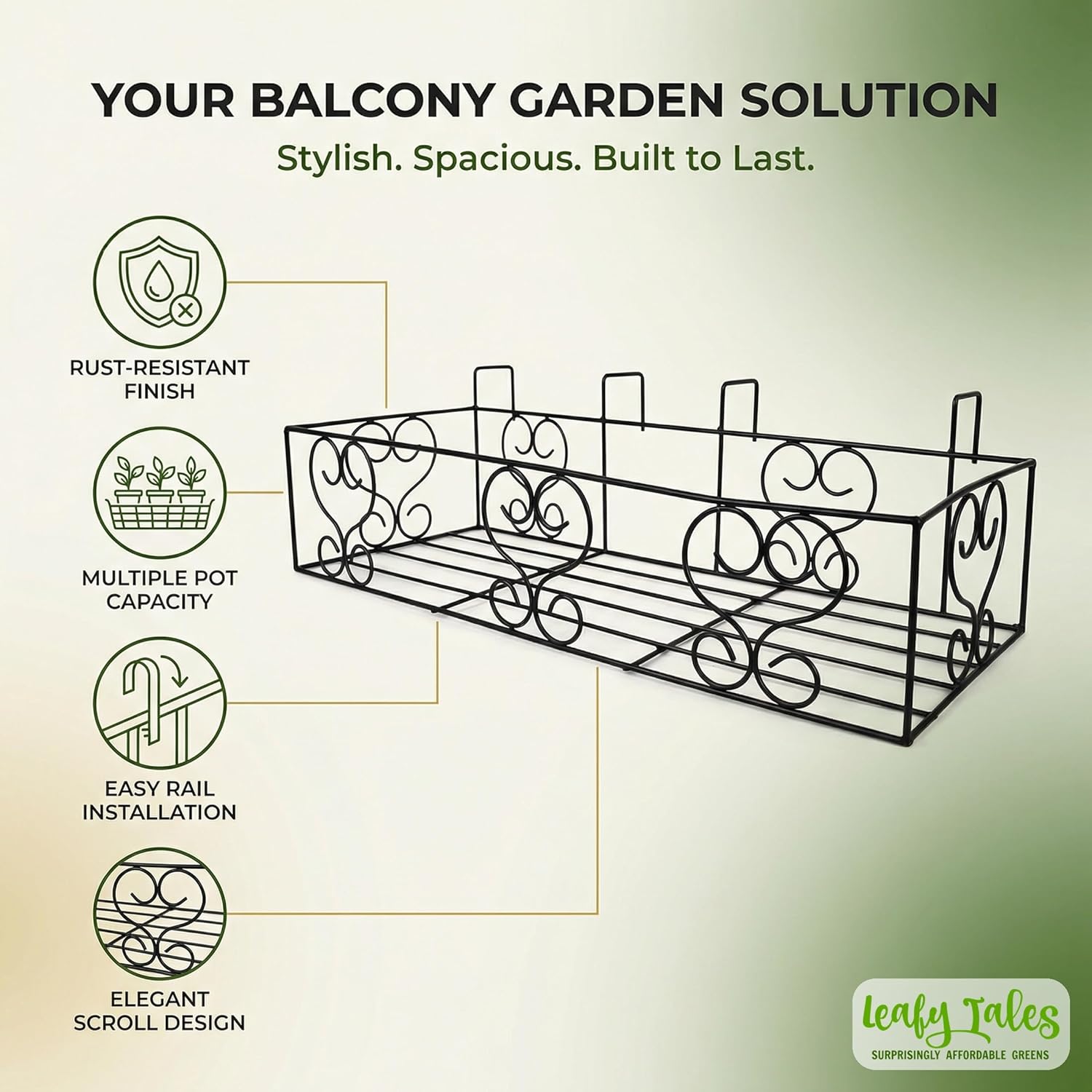 Leafy Tales Metal Long Rectangular Shape Railings Pot Holder |Pot Holder Basket for Plants in Balcony Railings Gamla Stand for Indoor and Outdoor (Set of 2)