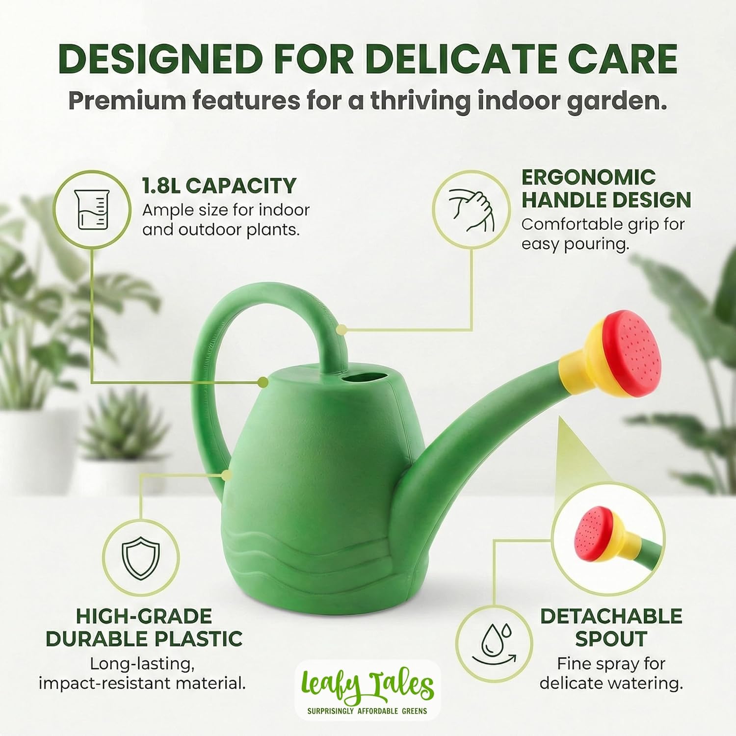 Leafy Tales Garden Watering Can (1.8 L, Green)