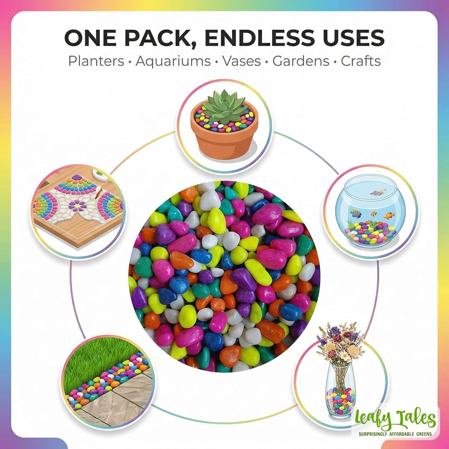 Leafy Tales Rainbow Marble Stone Pebbles for Home & Garden Decoration| Rainbow Pebbles 2 Kg