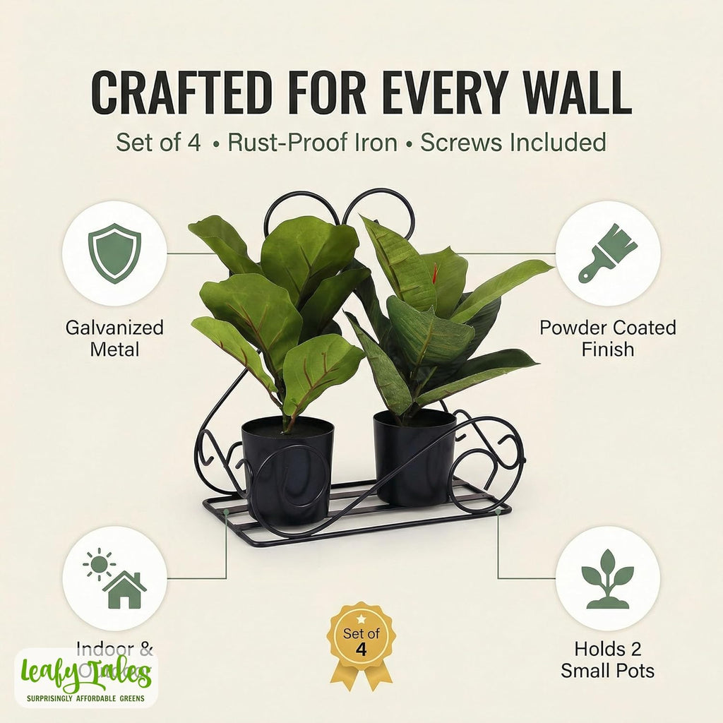 Leafy Tales Wall Mounted Metal Plant Stand Set of 4- Elegant Iron Flower Pot Holder for Indoor & Outdoor Walls | Decorative Rust-Proof Hanging Gamla Stand for Balcony, Living Room & Garden