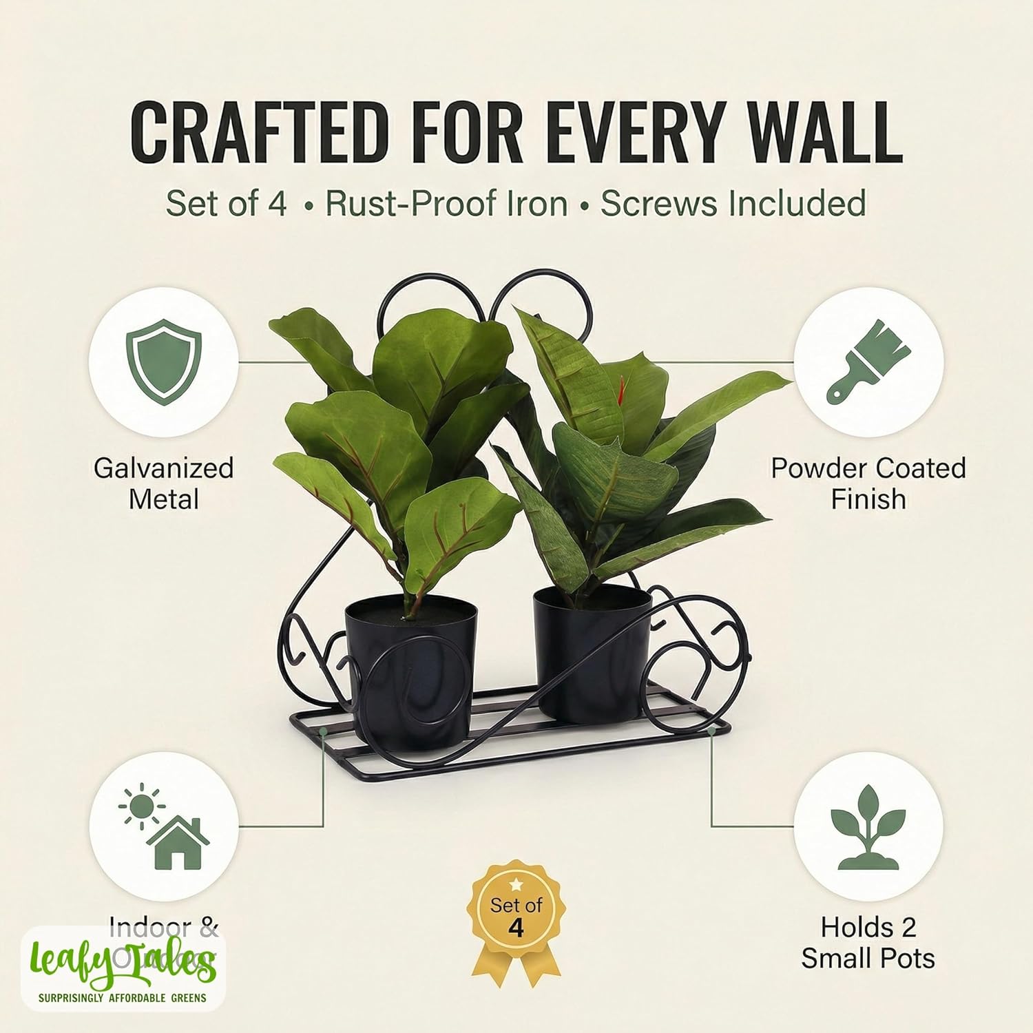 Leafy Tales Wall Mounted Metal Plant Stand Set of 4- Elegant Iron Flower Pot Holder for Indoor & Outdoor Walls | Decorative Rust-Proof Hanging Gamla Stand for Balcony, Living Room & Garden