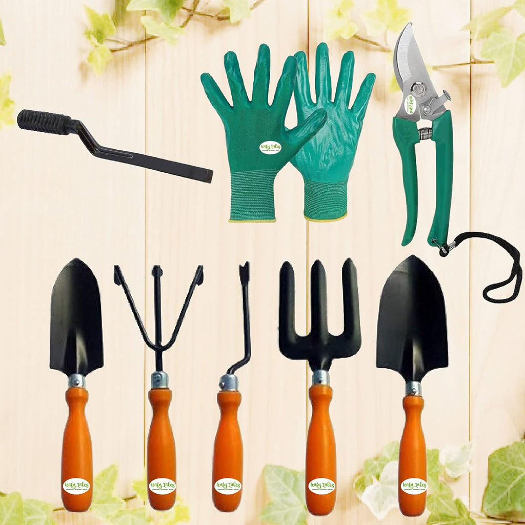 Leafy Tales Gardening Tool Kit Set of 8 (6 Tools + Pruner Scissors + Gloves)