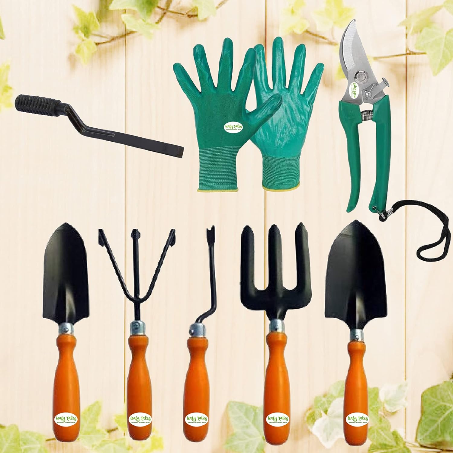 Leafy Tales Gardening Tool Kit Set of 8 (6 Tools + Pruner Scissors + Gloves)