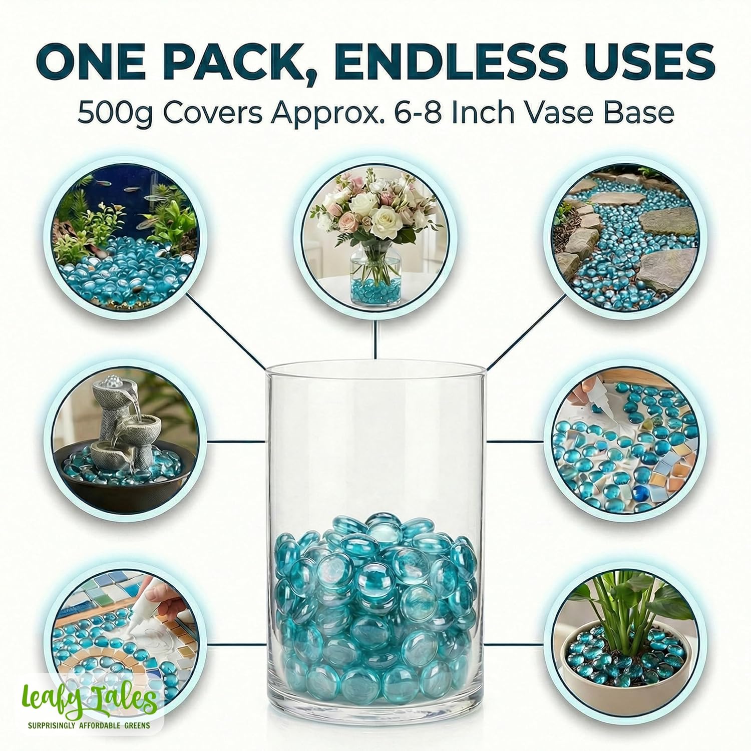 Leafy Tales Glass Pebbles Ocean Blue Color for Home and Garden Decoration, Art and Craft, Aquarium Vase Filler (500 GMS)