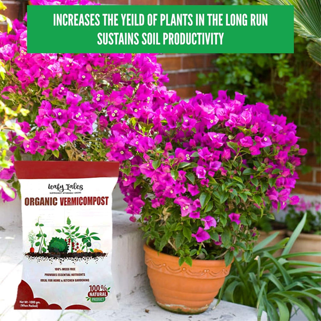 Leafy Tales 1kg Organic Vermicompost Manure Fertilizer - Pure Bio-Organic Fertilizer for Flowers, Vegetables & Lawns | Natural Soil Enricher, Potting Mix Supplement & Plant Food