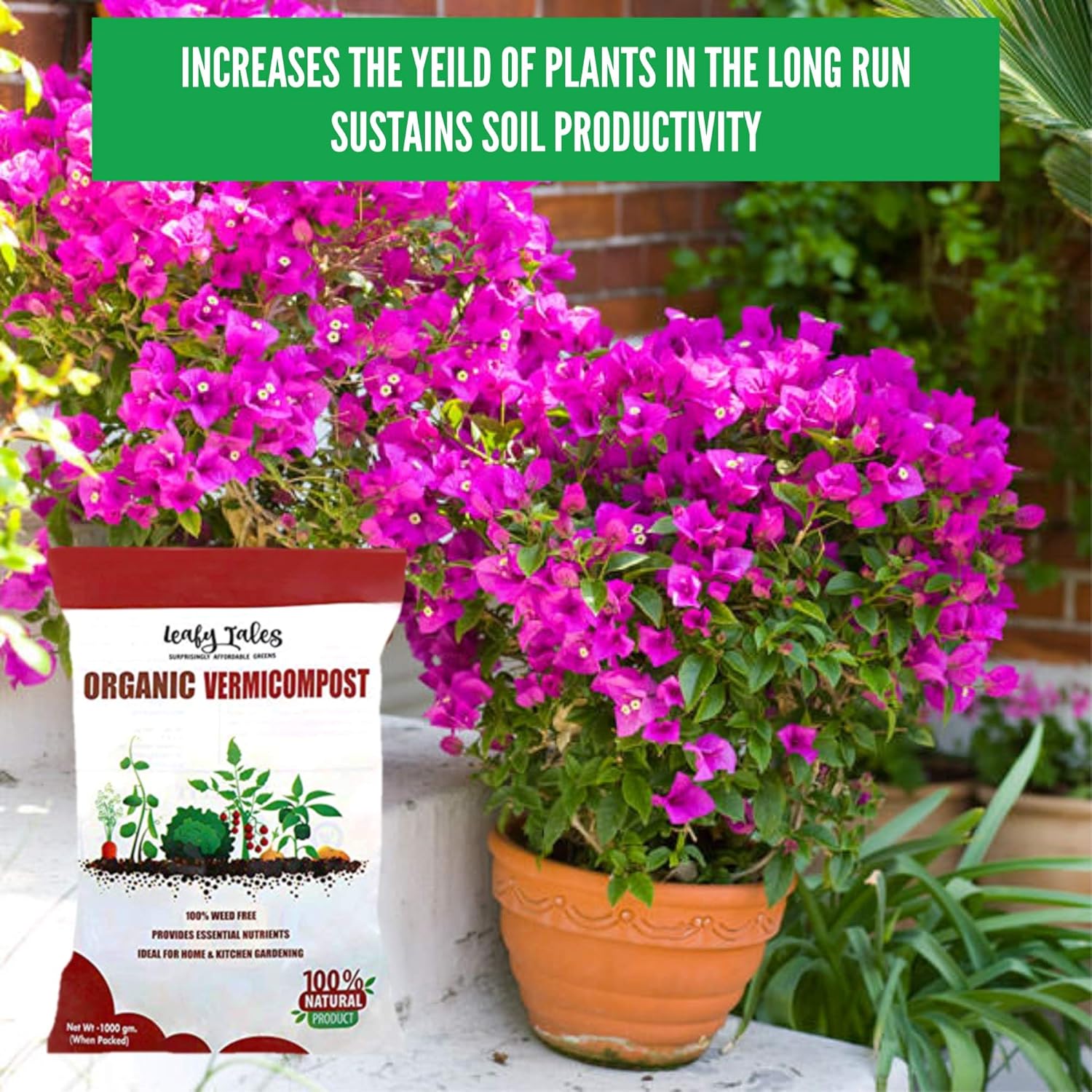 Leafy Tales 1kg Organic Vermicompost Manure Fertilizer - Pure Bio-Organic Fertilizer for Flowers, Vegetables & Lawns | Natural Soil Enricher, Potting Mix Supplement & Plant Food
