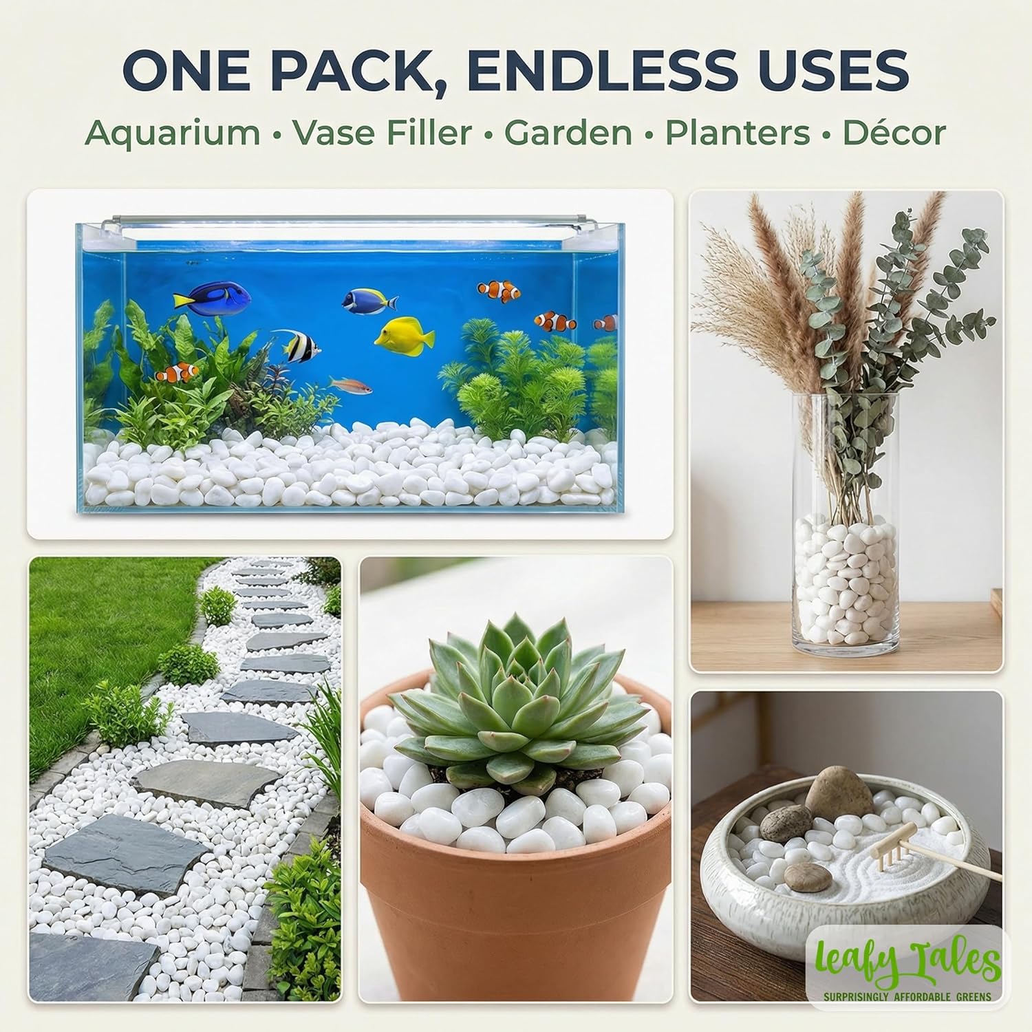 Leafy Tales White Polished Marble Stone Pebbles for Home & Garden Decoration| White Polish 5 Kg