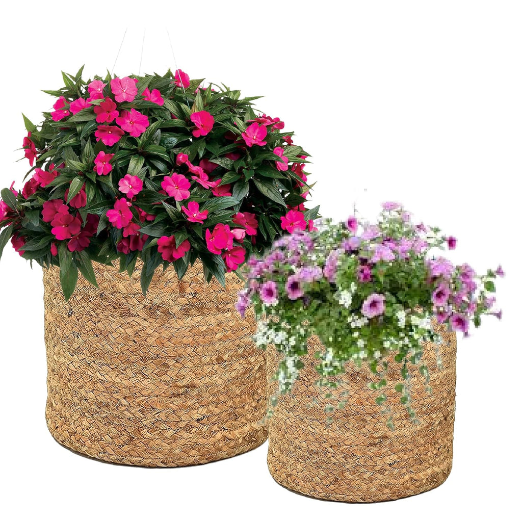 Leafy Tales HandWoven Round Pot Bag in Natural Jute - Plant Bag for All Plants, Indoor Outdoor Plant Sack (Set of 1) (Beige) (12x12 inches)