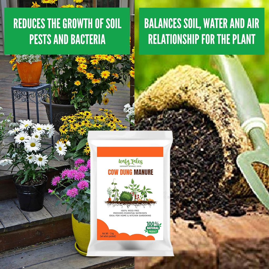 Leafy Tales Organic Cow Dung Manure for Plants 1kg - Fully Decomposed & Odorless Gobar ki Khad for Home Garden | Nutrient-Rich Organic Fertilizer & Soil Enricher for Flowers & Vegetables