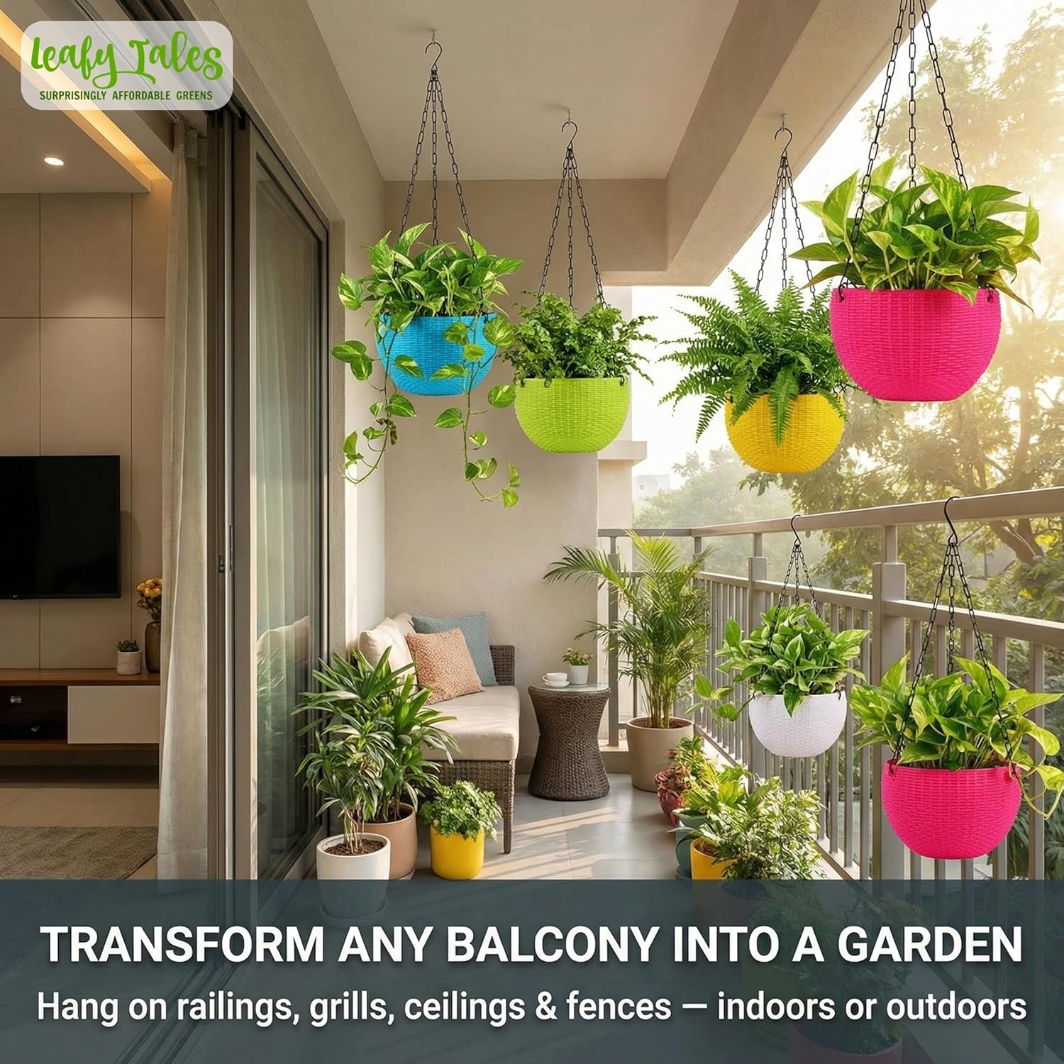 Leafy Tales Plastic Hanging Hook Pots (Set of 15, Multicolor) Durable Railing Planters for Balcony, Window Grill & Fence - Detachable Hook Flower Pots for Indoor & Outdoor Vertical Gardening